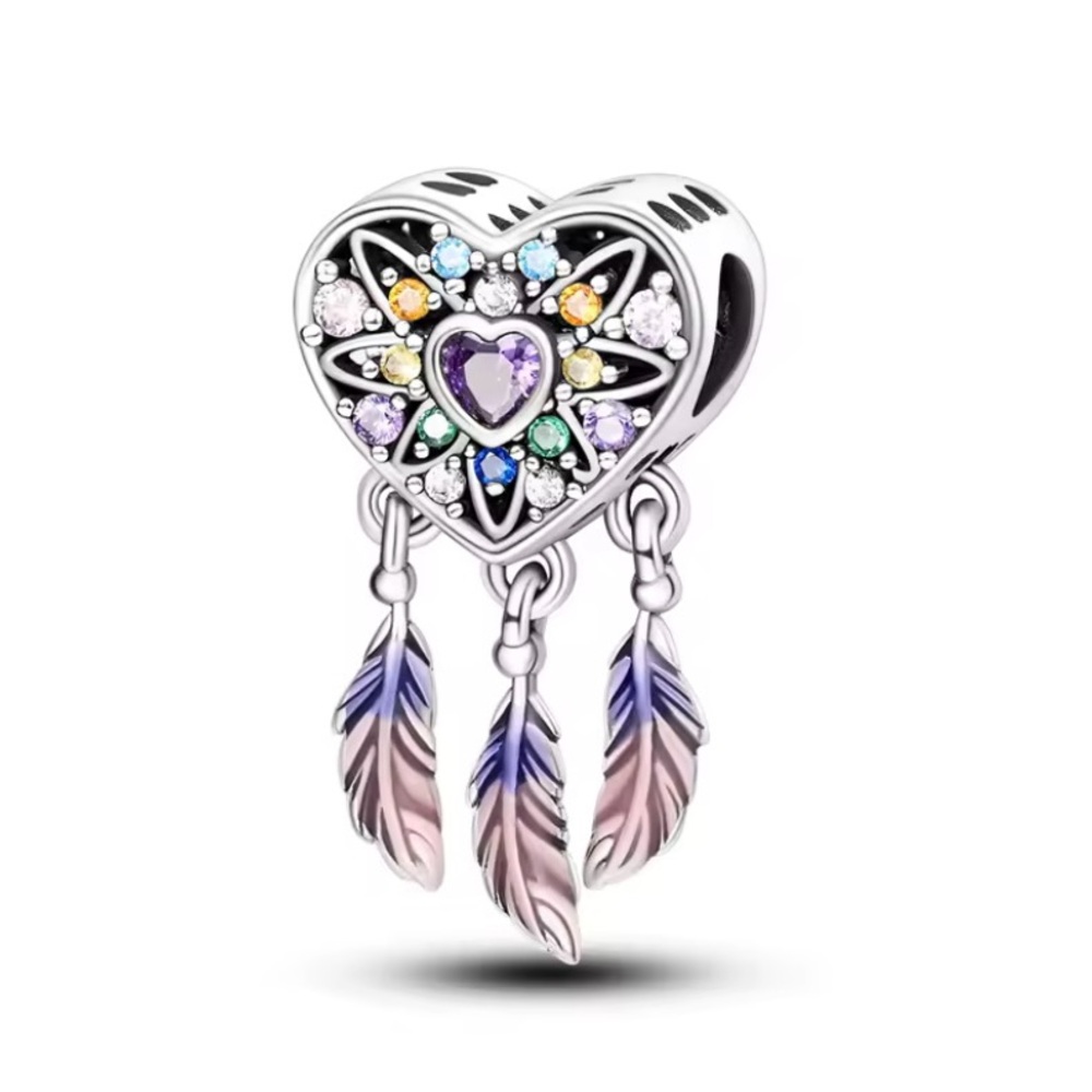 Heart-Shaped Multicolor Dream Catcher Charm with Colorful Feathers